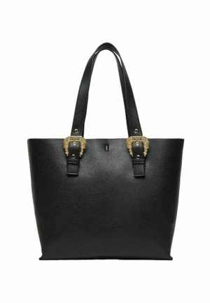 Borsa tote in pelle nera con due spalline che presentano fibbie dorate ornate, base rettangolare e superficie testurizzata.