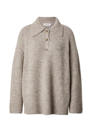 Strickpullover in hellbeige mit Polokragen, drei Knöpfen und gerippten Bündchen, ausgestattet mit einer weichen Textur und einer lockeren Passform.