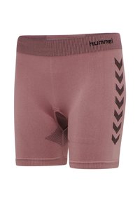 Mauve naadloze sportshorts met geribbelde tailleband, zwart chevronpatroon aan de zijkant en zwart "hummel" logo op de tailleband.