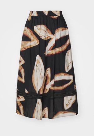 Svart skjørt med abstrakte off-white og brune bladmønstre, elastisk midjebånd og en dekorativ kant med små prikker langs nederkanten.