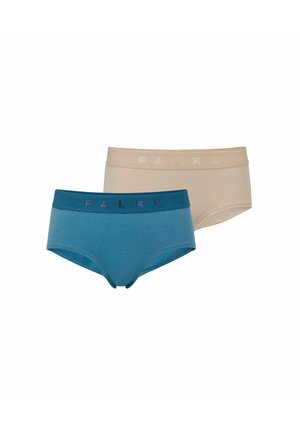 To par lavtaljede dame-trusser, én beige og én blå, hver med en bred linning med mærket Falke.