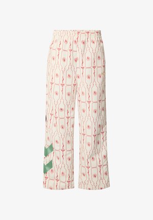 Pantaloni largi crem cu modele de sticle conturate în roșu și albine, și două dungi în formă de chevron verzi lângă glezna stângă, talie elastică.