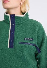 Pull-over en polaire verte avec col montant, boutons bleu marine, bord crème et poche zippée ; présente le logo Columbia sur la poitrine. Texture douce.