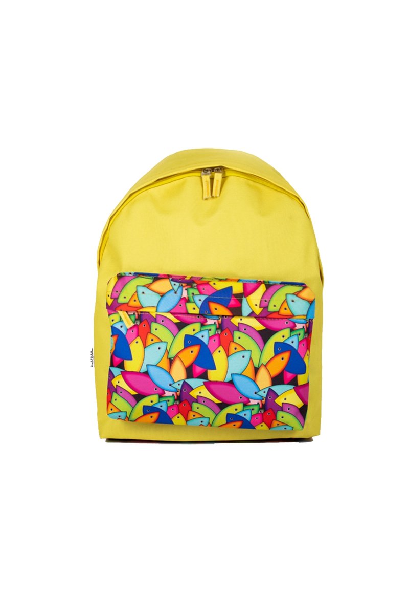 Yellow backpack with a colorful bird-patterned front pocket. Features a rounded top and zippered closure. Made from durable fabric.