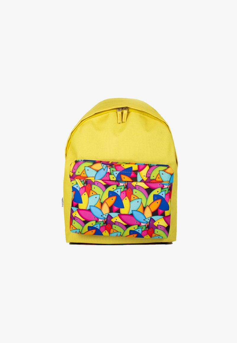 Yellow backpack with a colorful bird-patterned front pocket. Features a rounded top and zippered closure. Made from durable fabric.