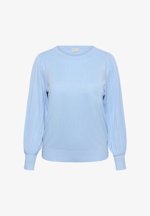 Maglione azzurro chiaro lavorato a maglia con maniche lunghe a palloncino a costine e scollo rotondo. Tessuto morbido e orlo aderente. Etichetta del marchio visibile.