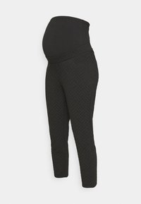 Svarta gravidleggings med hög midja, texturerat diamantmönster och kort längd, designade för komfort och stöd.