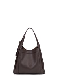 Borsa a tracolla in pelle marrone con finitura testurizzata, caratterizzata da una larga tracolla e una forma morbida. Include una tasca frontale per riporre gli oggetti.