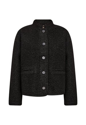 Czarna teksturowana kurtka z okrągłym dekoltem, zapięciem na guziki, dwoma przednimi kieszeniami i krojem do bioder oraz długimi rękawami.