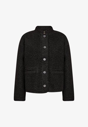 Czarna teksturowana kurtka z okrągłym dekoltem, zapięciem na guziki, dwoma przednimi kieszeniami i krojem do bioder oraz długimi rękawami.