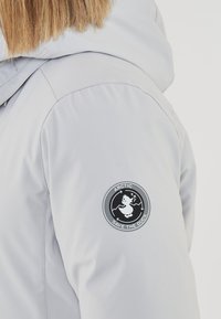 Manica di giacca grigia chiara con logo circolare "Arctic Save The Duck" che presenta un'anatra in movimento e una patch con il profilo di una montagna.