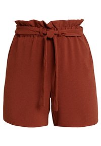 Szorty w kolorze rdzy z marszczoną elastyczną talią i paskiem z tkaniny. Wykonane z miękkiego, teksturowanego materiału.