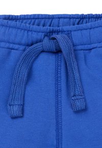 Blaue Baumwoll-Sweatpants mit einem elastischen Bund und einem Kordelzug sowie einer glatten Textur, die durch sichtbare Nähte betont wird.