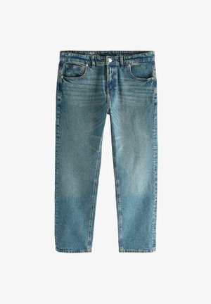 Gaisni zili taisni auduma džinsi ar nodilušām detaļām, pieciem kabatām un rāvējslēdzēja aizdari ar pogu.