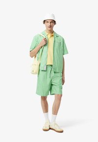 Camicetta a maniche corte a righe verdi e bianche e pantaloni coordinati, abbinati a un polo gialla e a un cappello a secchiello bianco, con una piccola borsa gialla.