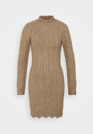 FRILL NECK MINI CABLE DRESS - Strikket kjole - stone