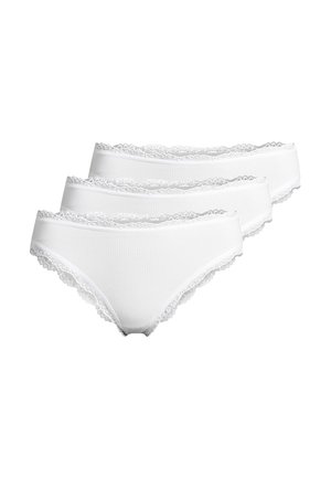 Three white ribbed women's underwear with lace trim, arranged in a stacked, overlapping layout on a plain background.
