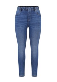 Jean en denim d'un bleu moyen, avec une taille élastique, cinq poches, coupe skinny et un léger dégradé sur les jambes.