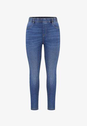 Denim jeans in een medium blauwe wassing, met een elastische tailleband, vijf zakken, skinny fit en subtiele vervagingen langs de benen.