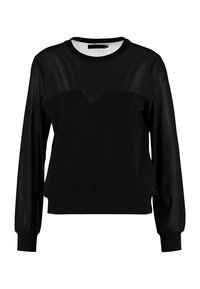 Felpa nera con torso solido e maniche lunghe trasparenti. Il design include una scollatura rotonda e una fascia in vita aderente.