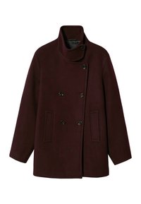 Manteau en laine bordeaux avec col montant, coupe croisée, grandes poches avant ; doté de boutons ronds noirs et d'une texture lisse.