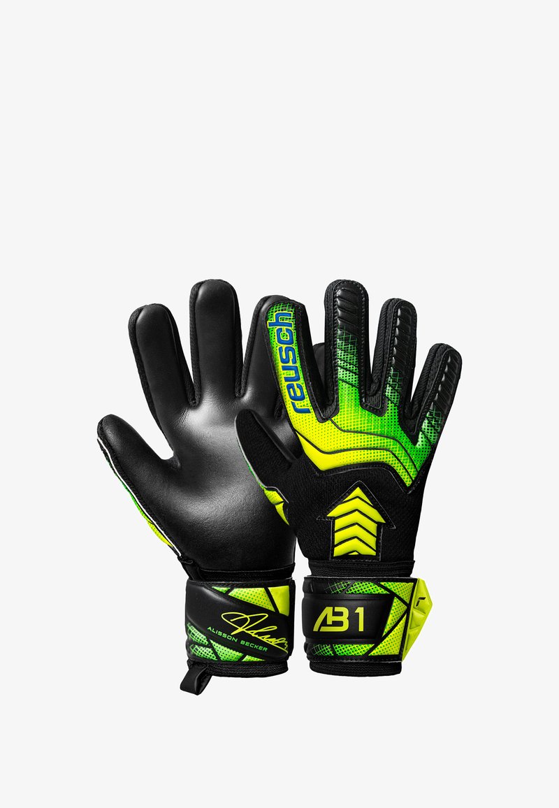 Black and neon green goalkeeper gloves with a textured grip, finger protection, and a snug fabric wrist strap. Patterns include zigzags and arrows.