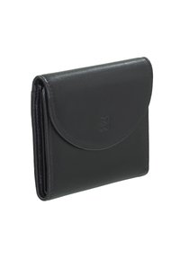 Portafoglio in pelle nera con chiusura a ribalta arrotondata, caratterizzato da un sottile logo impresso, design elegante e texture liscia. Compatto e pieghevole.