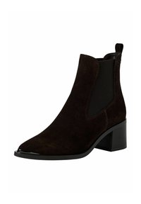 Stivale alla caviglia in suede marrone con punta affilata, pannelli laterali elastici e tacco spesso e lucido. Presenta un design pulito e senza cuciture.