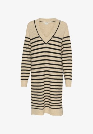 Vestito lavorato a maglia beige con strisce orizzontali nere, scollo a V, maniche lunghe, fessure laterali e tessuto testurizzato. Lunghezza regolabile per stili diversi.