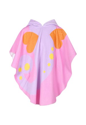 Poncho con cappuccio nei toni di rosa, viola e arancione, con forme a cuore e pois; realizzato in materiale morbido e assorbente.