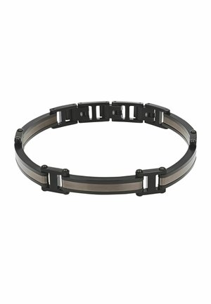 Schwarz-silbernes Metallgliederarmband mit rechteckigen Segmenten und kleinen Schrauben vor weißem Hintergrund.