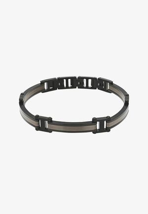 Schwarz-silbernes Metallgliederarmband mit rechteckigen Segmenten und kleinen Schrauben vor weißem Hintergrund.