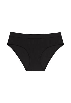 Svarta ribbade bikiniunderdelar med högskuren design, som har ett elastiskt midjeband och en slät textur.