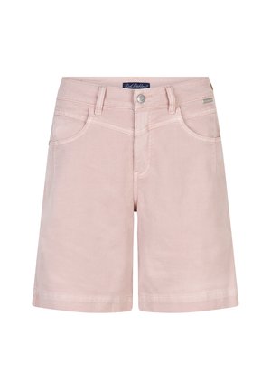 Lyserøde denimshorts med forlommer, bæltestropper, knaplukning og et mærke på linningen og lommekanten.