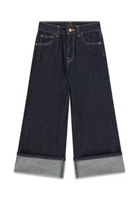 Jeans a gamba larga in denim scuro con orlo risvoltato, dotati di tasche standard e chiusura con bottone. La cucitura a contrasto aggiunge dettagli.