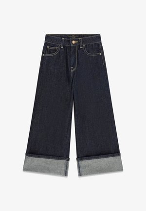 Dark denim wide-leg jeans with a cuffed hem, featuring standard pockets and a button closure. Contrast stitching adds detail.