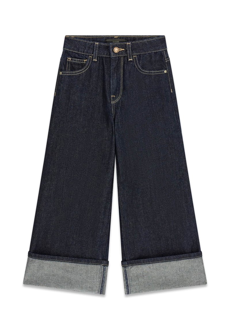 Jeans a gamba larga in denim scuro con orlo risvoltato, dotati di tasche standard e chiusura con bottone. La cucitura a contrasto aggiunge dettagli.