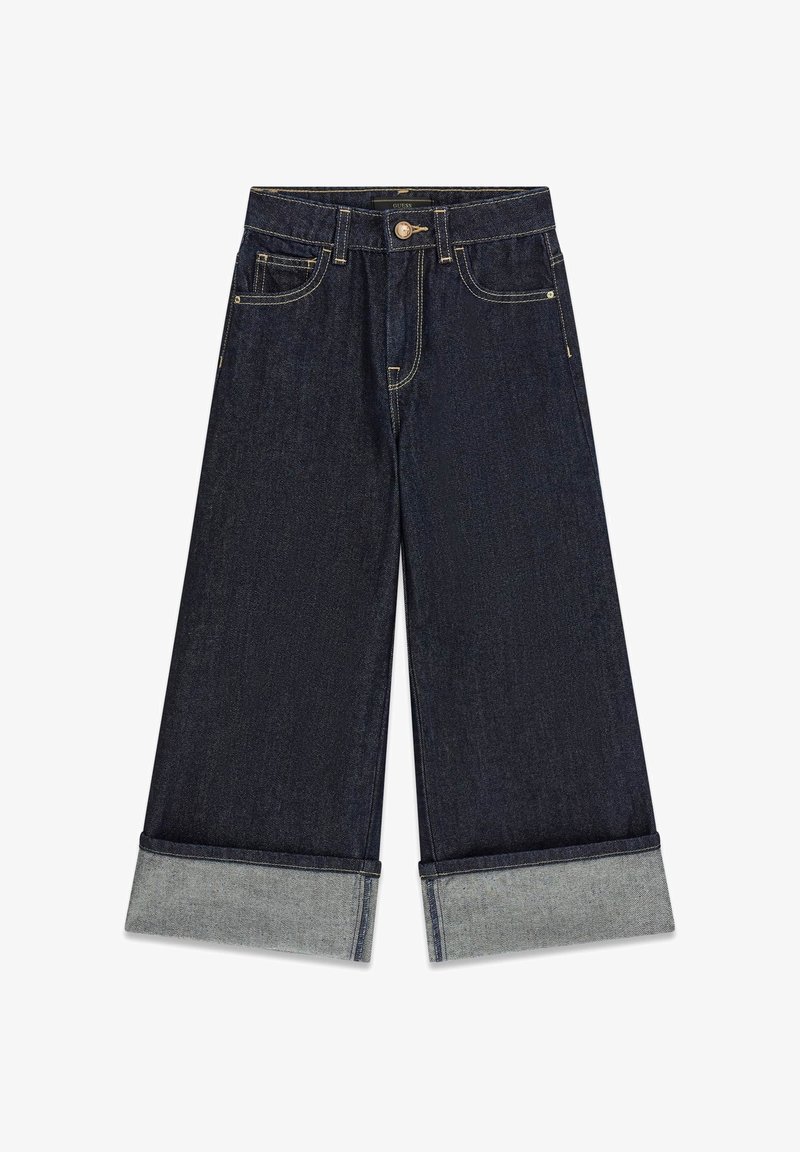 Jeans a gamba larga in denim scuro con orlo risvoltato, dotati di tasche standard e chiusura con bottone. La cucitura a contrasto aggiunge dettagli.