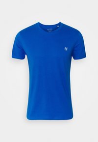 Blaues kurzärmeliges T-Shirt aus Baumwolle mit runder Ausschnitt und kleinem weißen Logo auf der Brust. Glatte Textur.