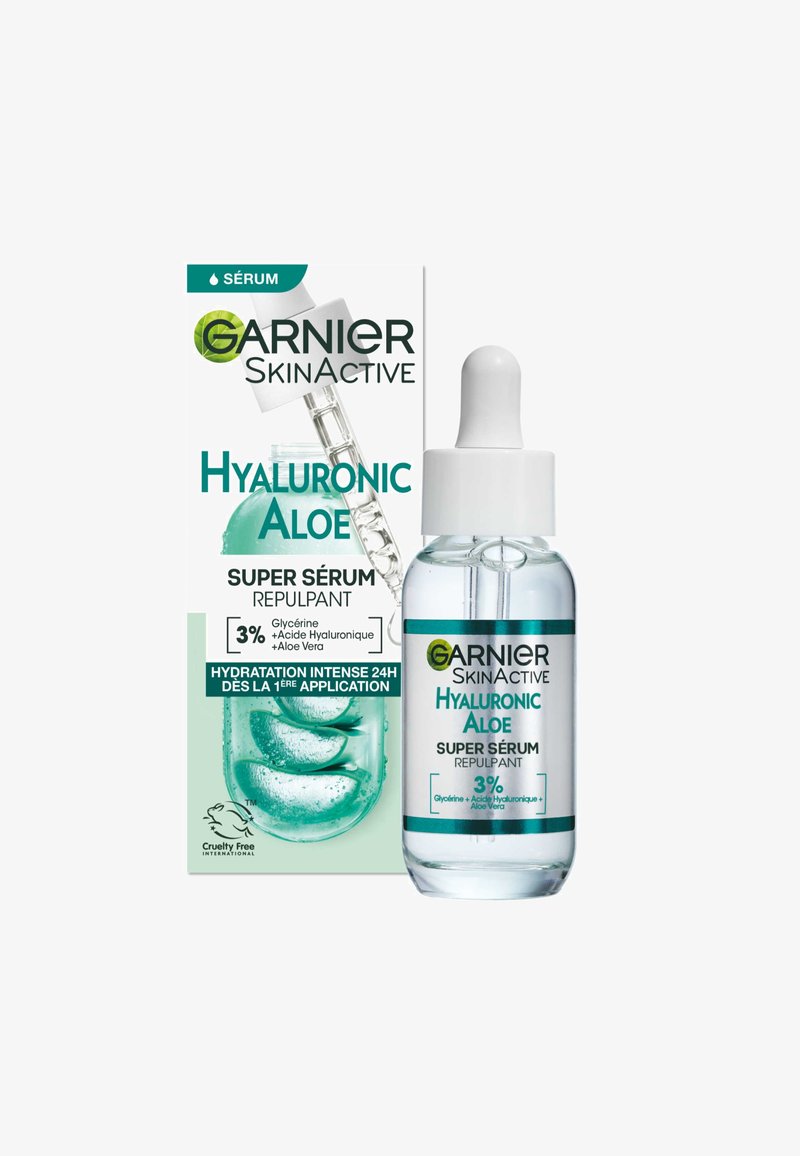 Sérum hyaluronique Aloe de Garnier dans un flacon en verre transparent avec un compte-gouttes blanc, présentant des accents teal et un emballage avec les détails du produit et des ingrédients.