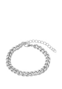 Bracciale in argento con maglie intrecciate, superficie liscia, lunghezza regolabile, dotato di un gancio e di una catena di estensione per la regolazione della misura.