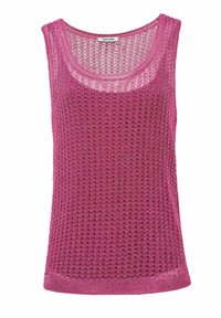 Ružičasti bezrukavni top s širokim izrezom, napravljen od teksturirane pletenine, s ležernim krojem i suptilnim otvorenim uzorkom.