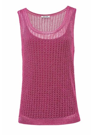 Haut sans manches rose avec un large décolleté, fabriqué en maille texturée, présentant une coupe ample et un motif de tissage légèrement ouvert.