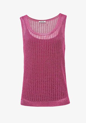 Haut sans manches rose avec un large décolleté, fabriqué en maille texturée, présentant une coupe ample et un motif de tissage légèrement ouvert.