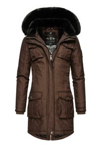 Bruine geïsoleerde parka met een nepbontcapuchon, geborduurd patroon, vooraan met ritssluiting en vier voorzakken. Voering van gemusterd stof.
