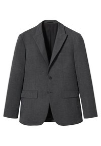 Blazer gris sur mesure en tissu texturé, doté d'un revers cranté, de deux poches avant et d'une fermeture à un bouton.