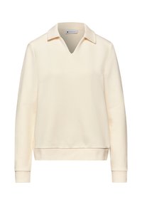 Pull-over à manches longues couleur crème avec col en V et col, poignets et ourlet côtelés, et étiquette "Street One" à l'intérieur du col.