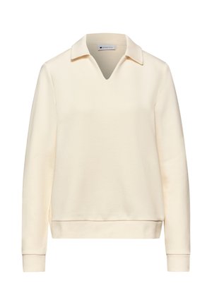 Maglione a maniche lunghe color crema con scollo a V e collo, polsini e orlo a coste, e etichetta "Street One" all'interno del collo.