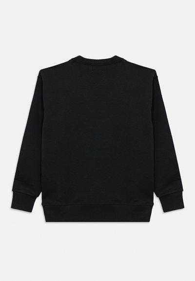 Black cotton sweatshirt with long sleeves, ribbed neckline, and cuffs. Smooth texture; minimalistic design with no visible logos or patterns.