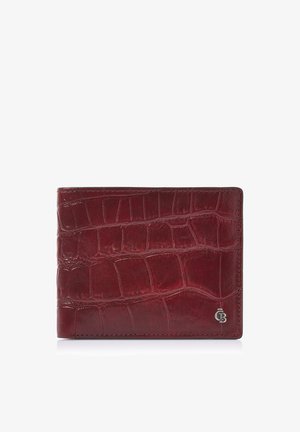 Bordeauxfarbene Lederbrieftasche mit Krokodillederstruktur und kleinem silbernen Logoemblem in der unteren rechten Ecke.